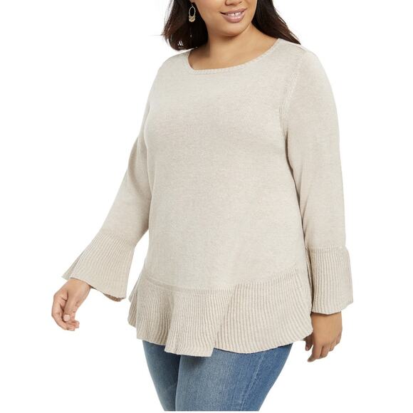 NEW Style & Co. Ruffled Sweater Hammock Heather Plus Size 0X Bell Sleeve Beige - Picture 1 of 6